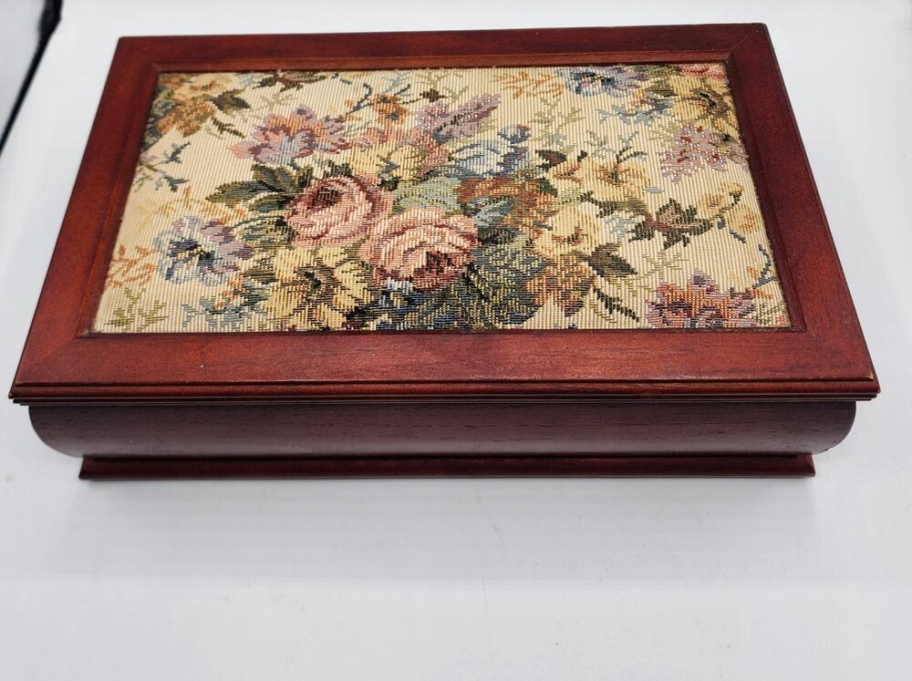 Vintage Wooden Jewelry Box Floral Tapestry Lid Mirror Pink Velvet Compartments